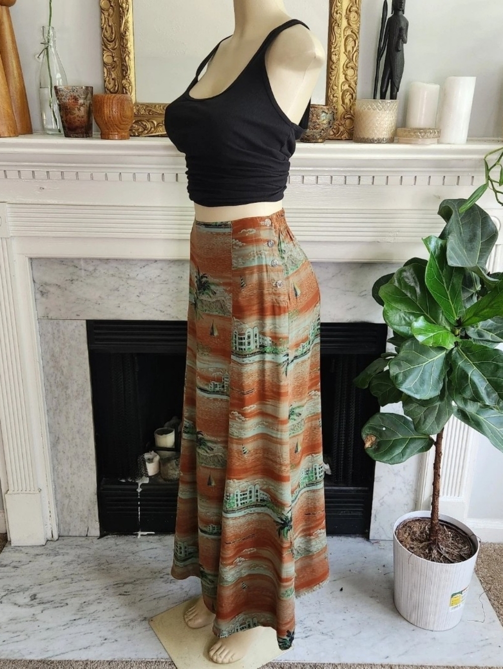 Vintage 90s Y2K Citron Brown Maxi Skirt Green Hawaiian Print Beach Size Small - Picture 3 of 10